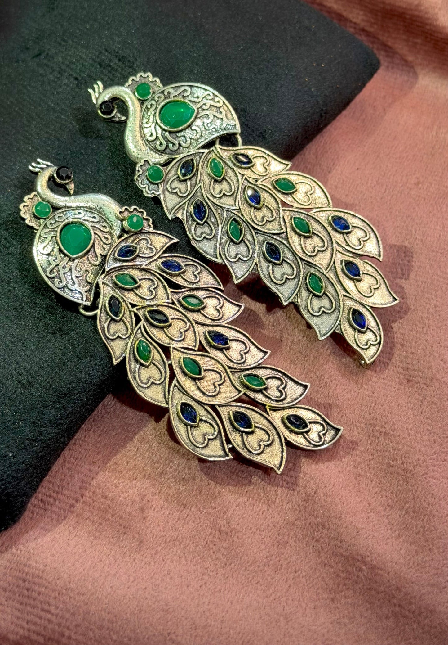 Long Peacock Earrings in Oxidised German Silver