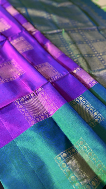 Royal Majenta & Emerald Grid Pure Kanchipuram Silk Saree