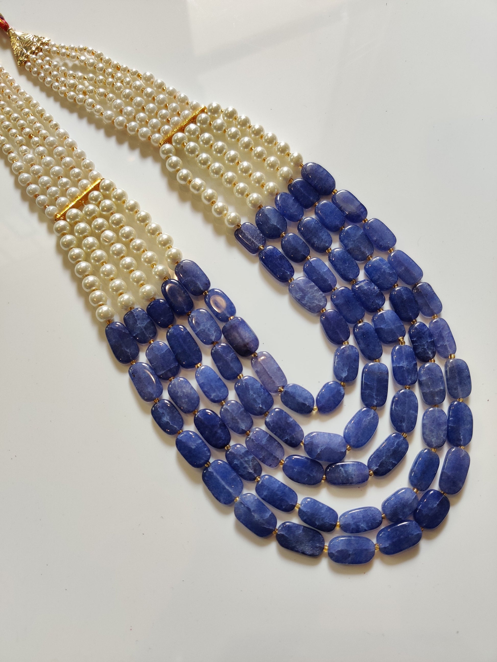 Multi line Pearls with blue semiprecious stones