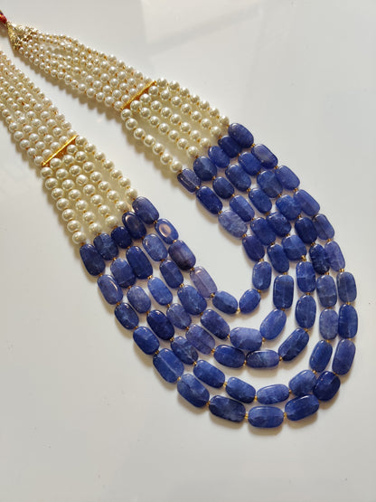 Multi line Pearls with blue semiprecious stones