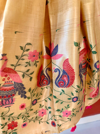 Swarna Muga: Weaved Muga Cotton Saree with Zari Tissue Pallu