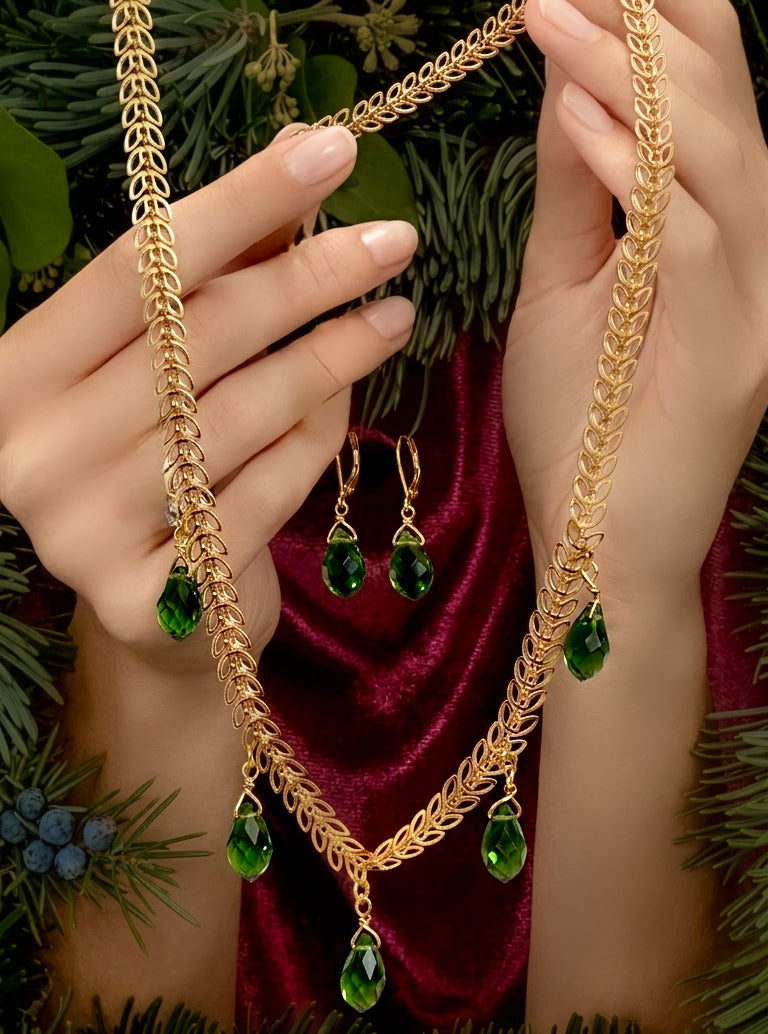 The Verdant Vine: 24K Gold Chevron Link & Emerald-Cut Crystal Jewelry Set