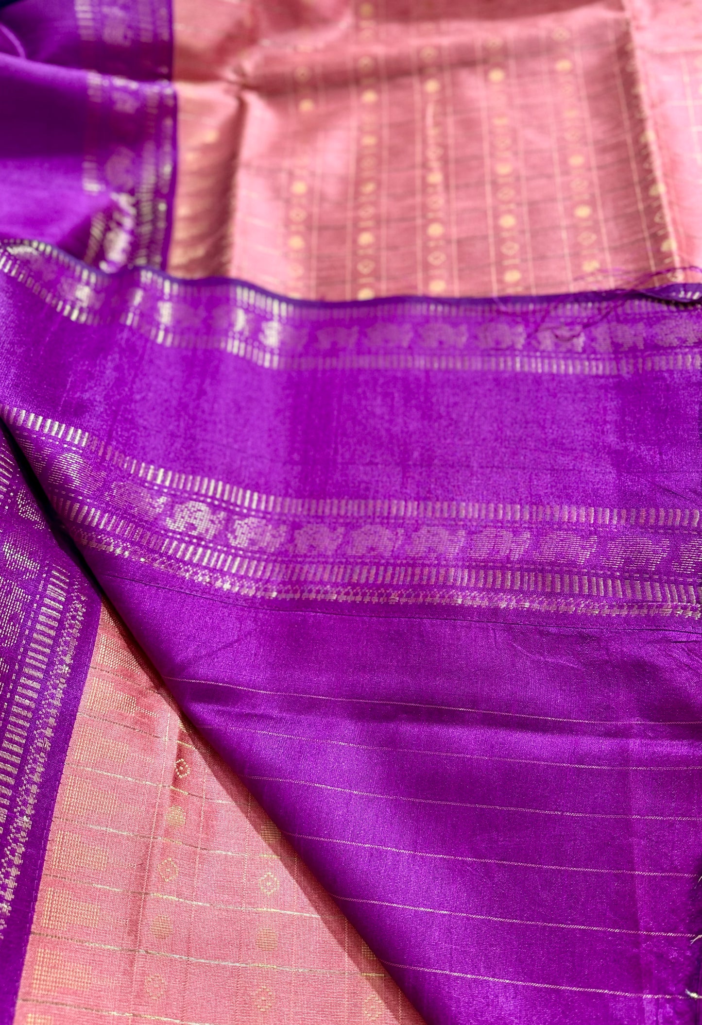 Pastel Peach & Purple Contrast Tussar Silk Saree