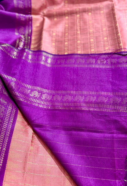 Pastel Peach & Purple Contrast Tussar Silk Saree