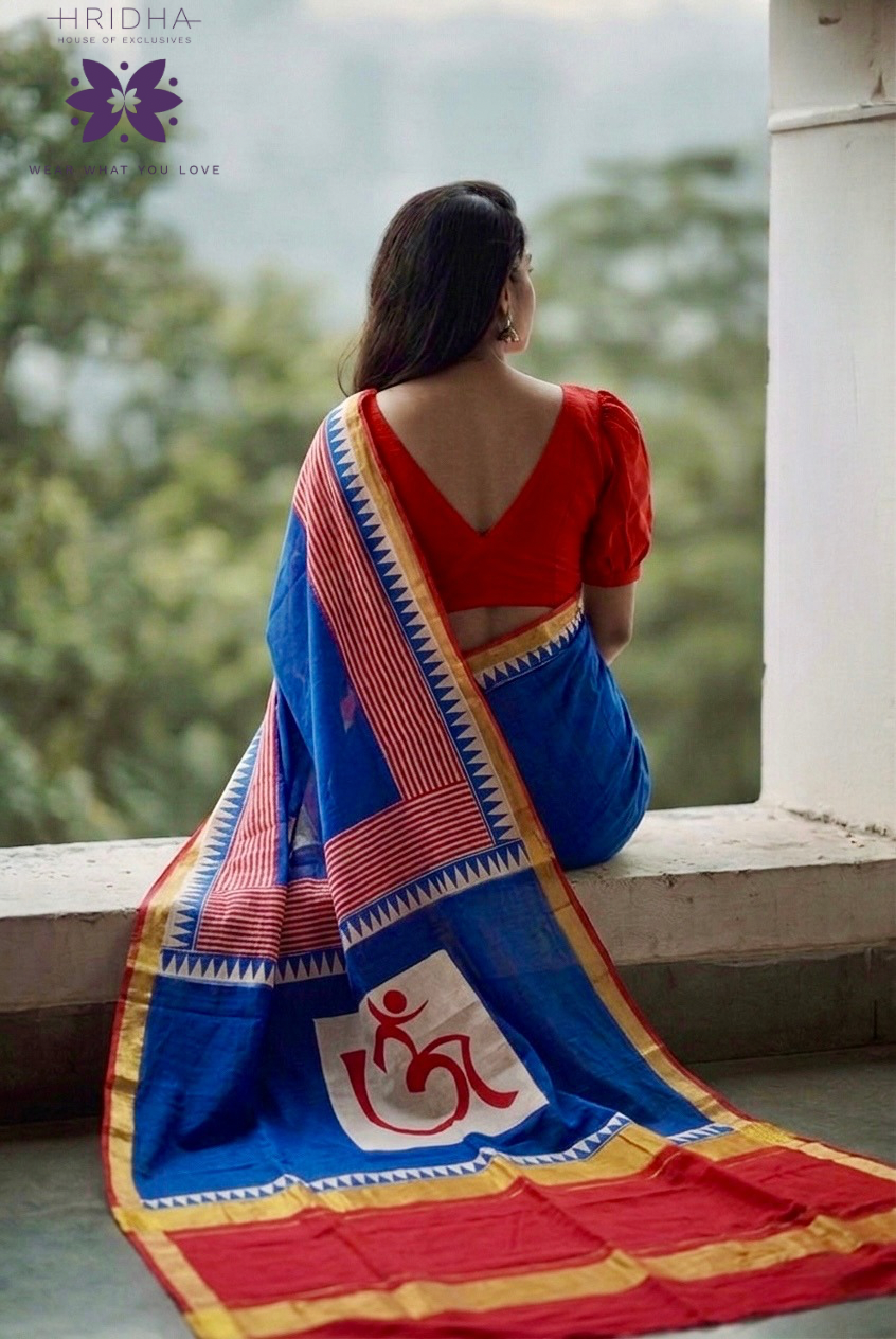 Bright blue block print cotton saree