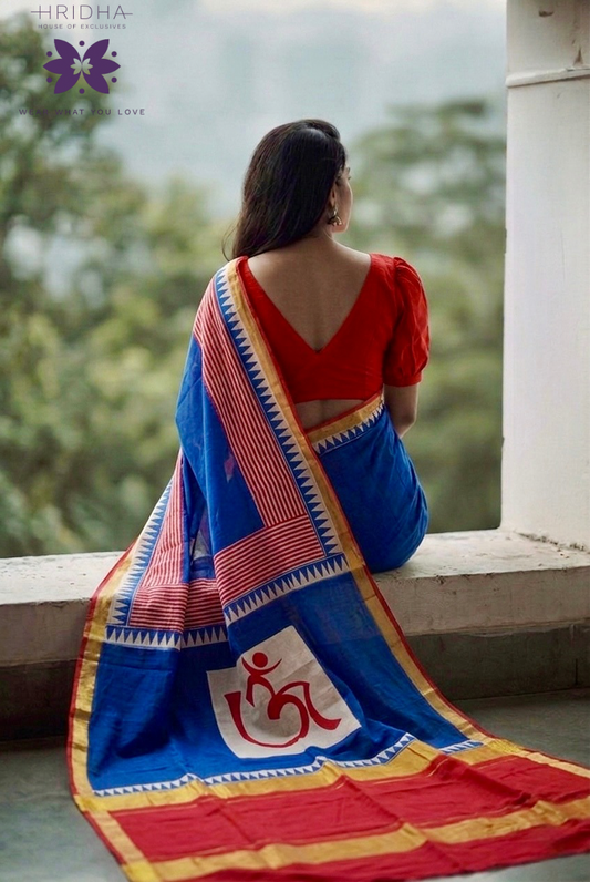 Bright blue block print cotton saree