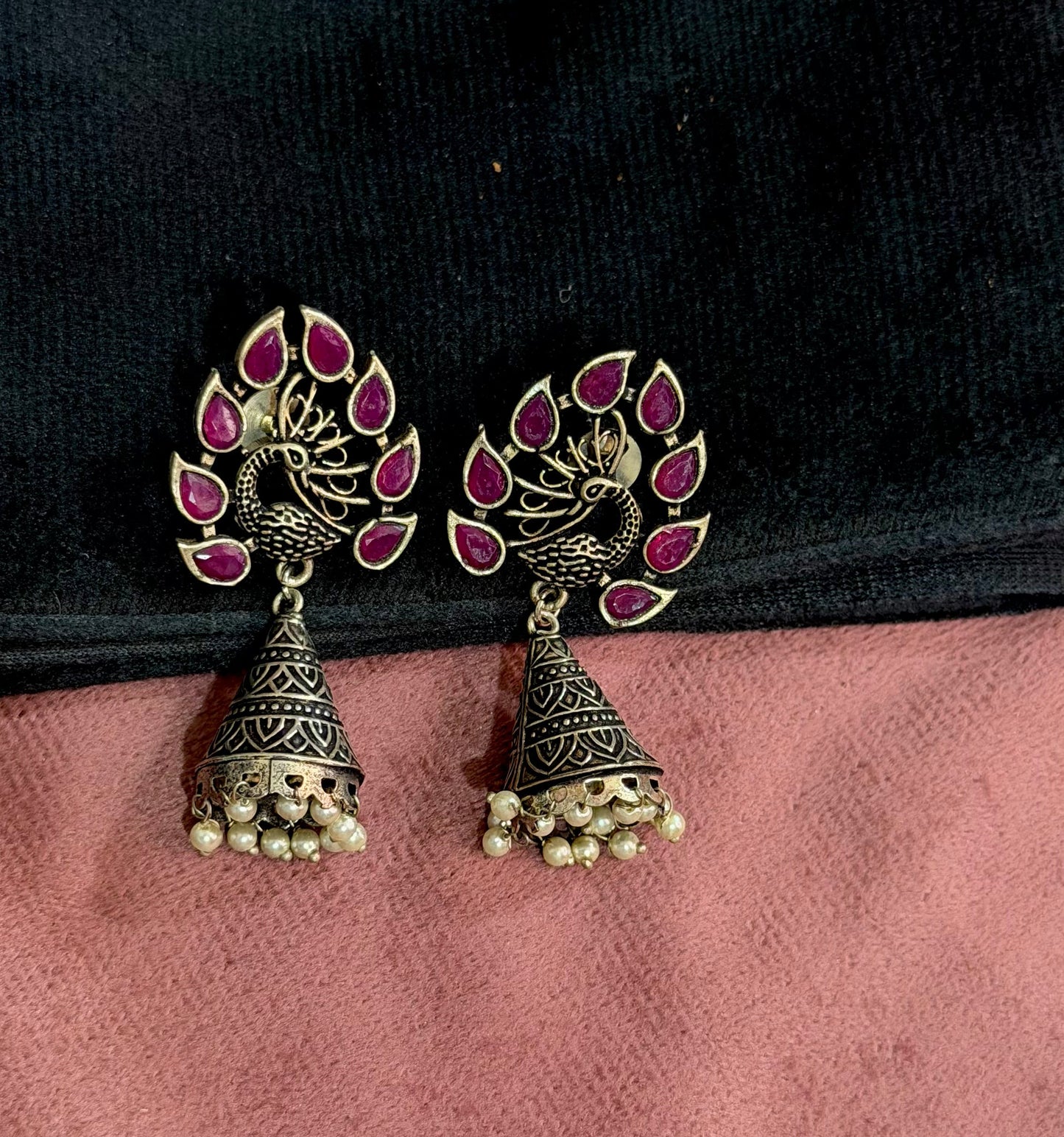 Maroon Peacock Oxidised Jhumkas