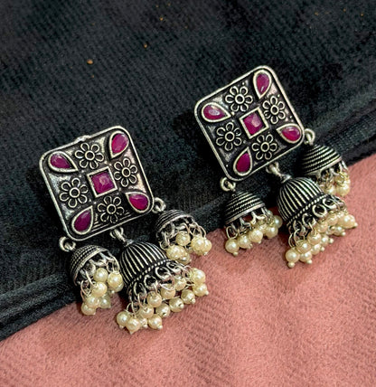 Maroon Oxidised Triple Jhumkas
