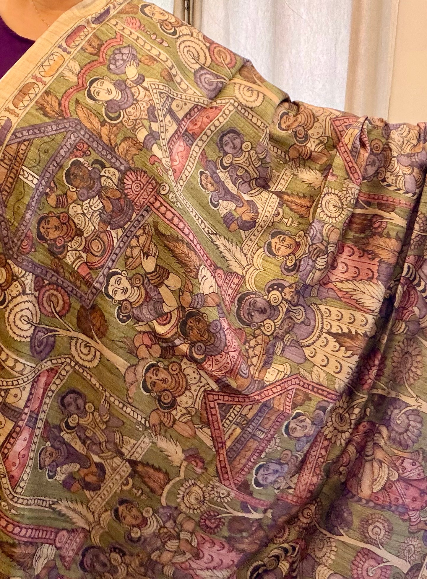 Archaic Elegance: Lilac and Olive Green Kalamkari Tussar Collection