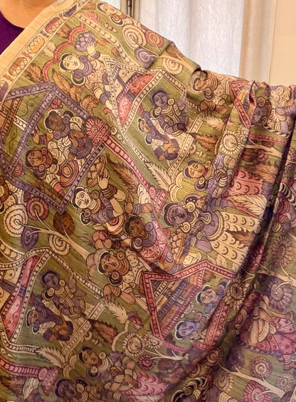Archaic Elegance: Lilac and Olive Green Kalamkari Tussar Collection