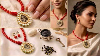 Regal Crimson: Handcrafted Tibetan Coral & Reversible Kundan Set