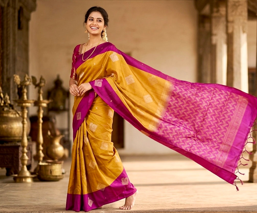 Vibrant Mustard Pure Silk Saree