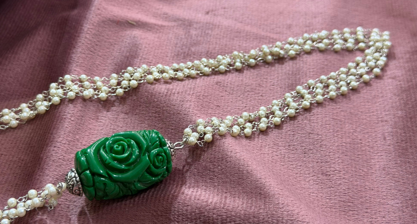 Multi line Pearls with Jade Rose