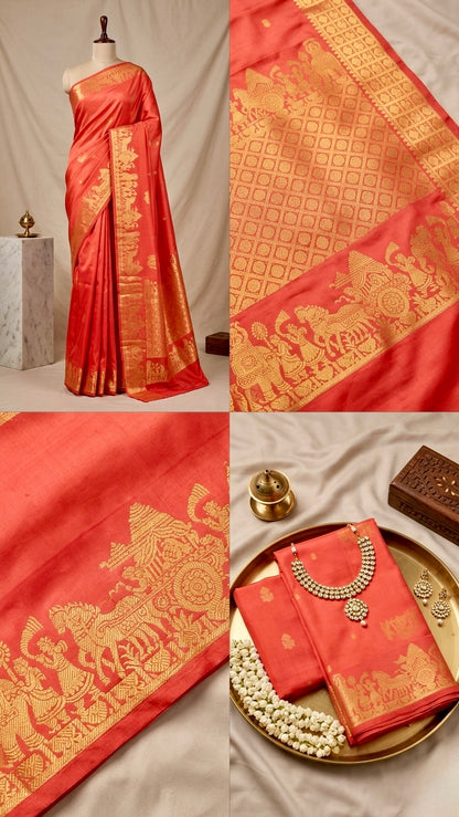 Pure Peach Kanchipuram Silk Saree | Gold Zari Procession Border & Brocade Pallu