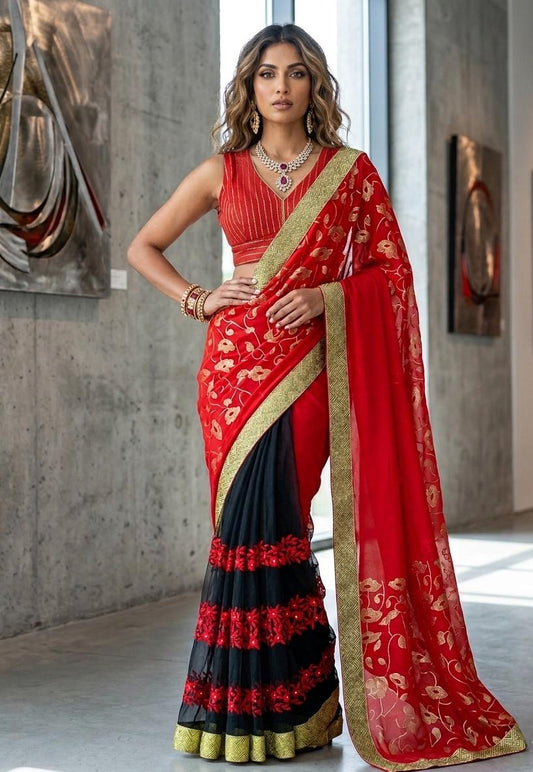 The Scarlet & Midnight Rose Saree