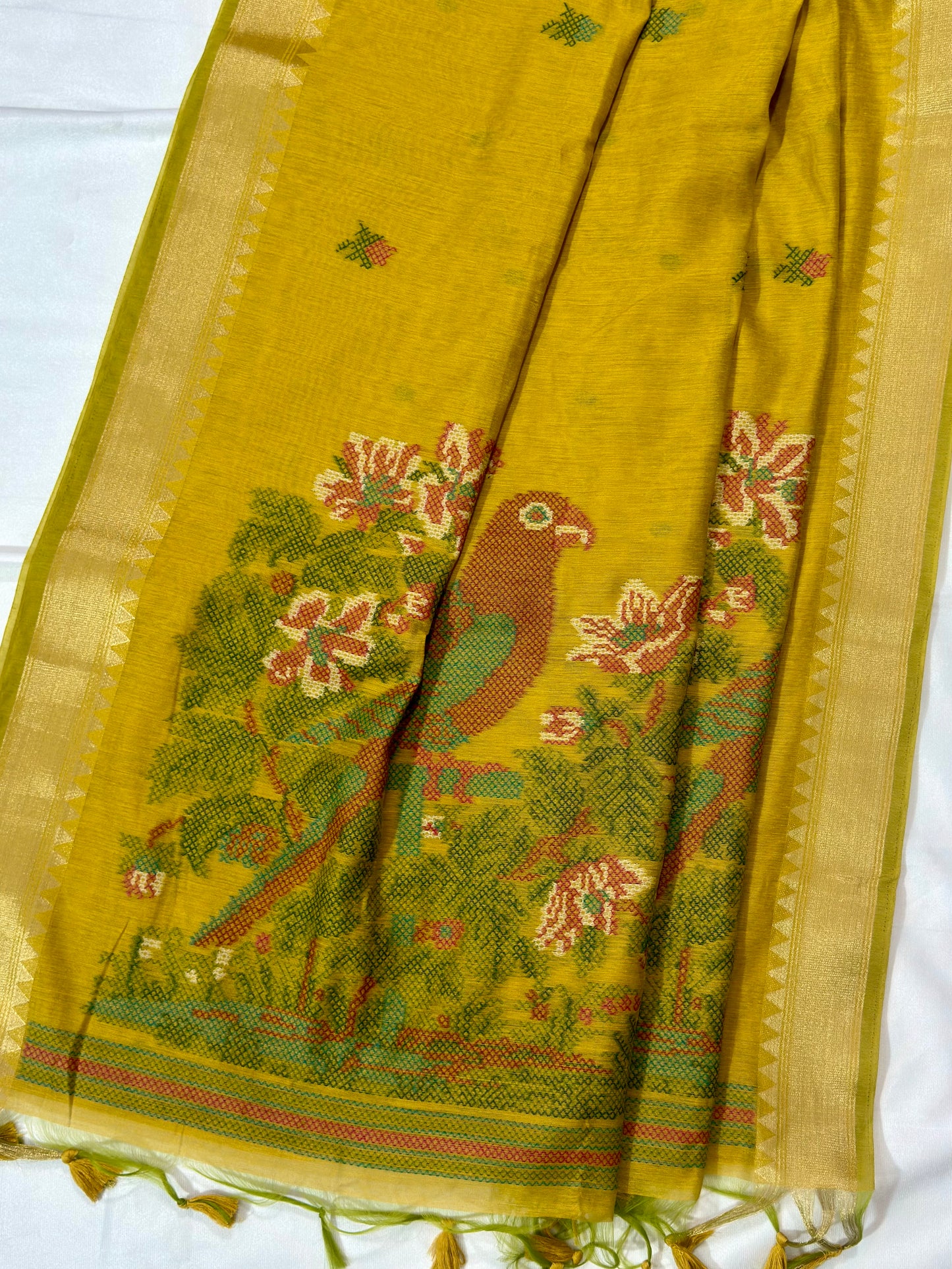 Textured Muga Saree with Woven Parrot Pallu & Temple Zari Border