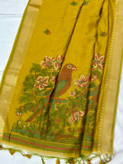Textured Muga Saree with Woven Parrot Pallu & Temple Zari Border