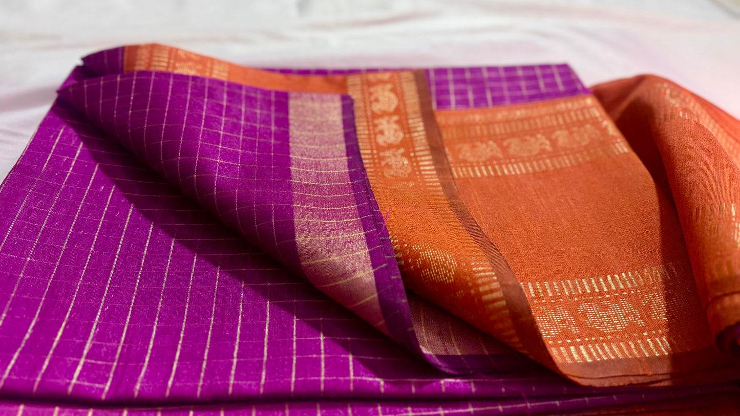 Royal Purple & Tangerine Checkered Tussar Silk Saree