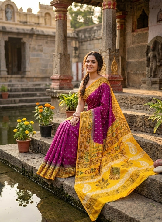 Semi Murshidabad silk saree with block