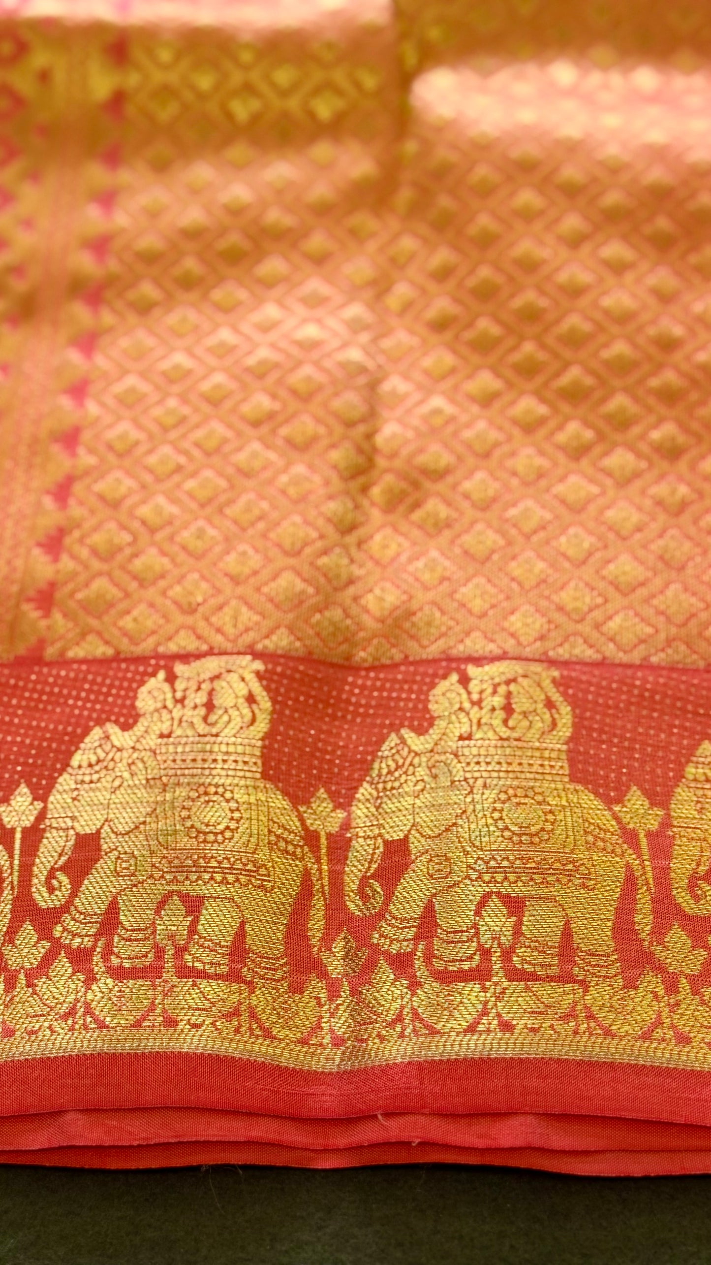 Pure Peach Kanchipuram Silk Saree | Gold Zari Procession Border & Brocade Pallu