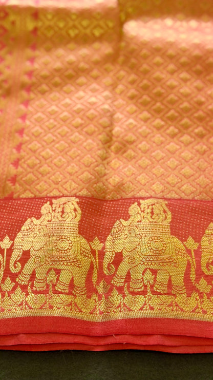 Pure Peach Kanchipuram Silk Saree | Gold Zari Procession Border & Brocade Pallu