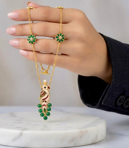 Mayura Emerald & Gold Meenakari Pendant Necklace