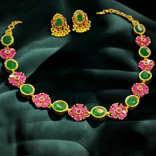 Ruby & Emerald Floral Gold Necklace Set | Hridha