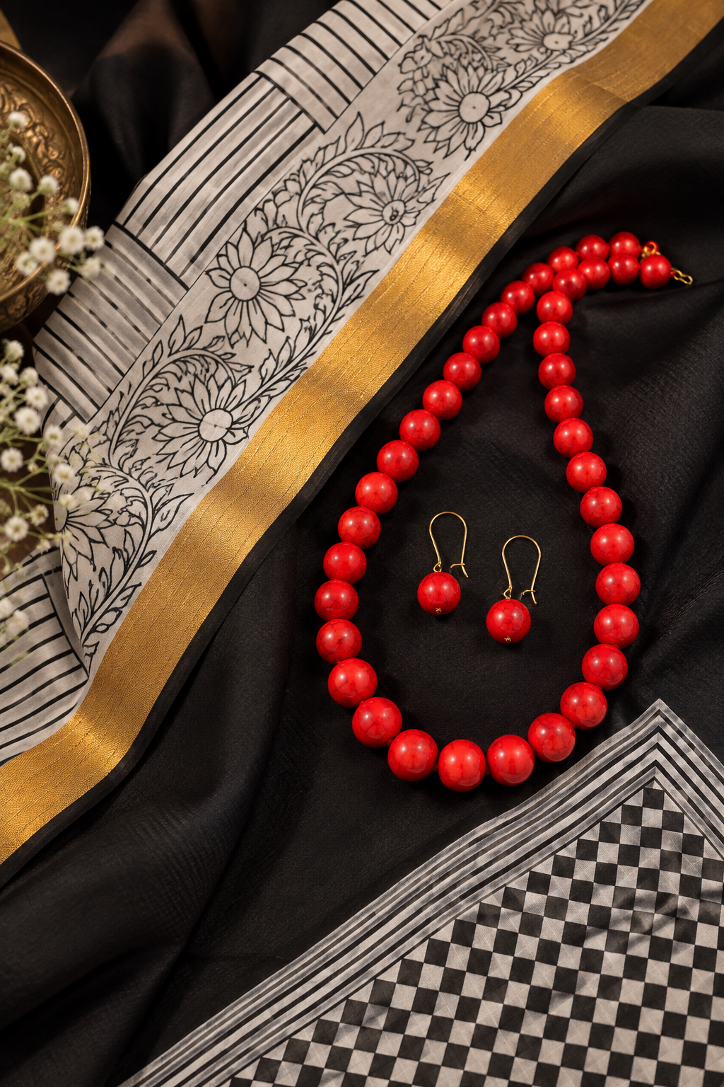 Tibetan Red Coral Bead Necklace Set with Matching Earrings | Hridha