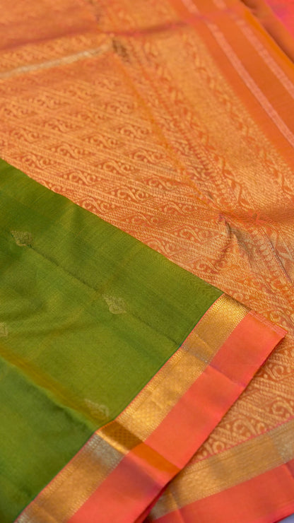 Pure Silk Parrot Green with Coral Pink Zari Border Saree