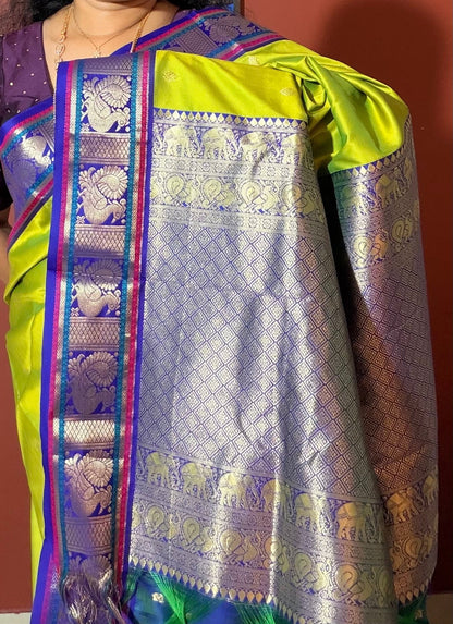 Lime Green Soft Silk Saree with Peacock Zari Pallu & Contrast Border | Hridha
