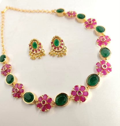Ruby & Emerald Floral Gold Necklace Set | Hridha
