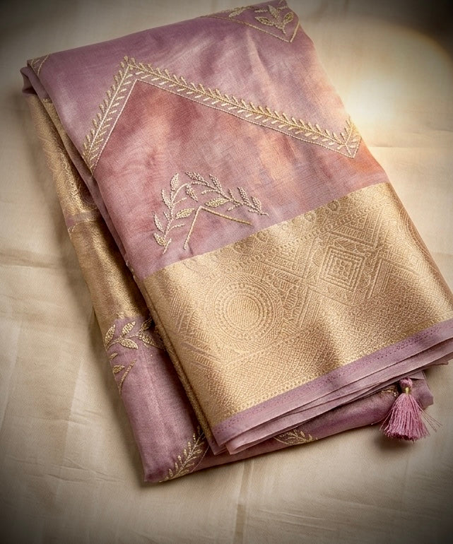 Embroidered Aura Tissue Silk Sarees with Ornate Zari Border