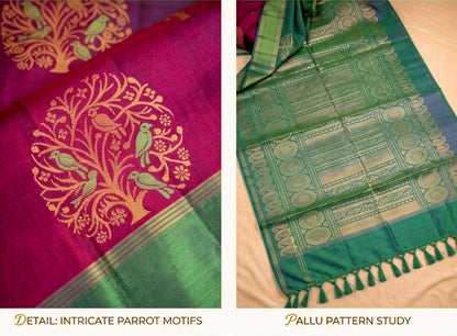 The Artisan’s Soul - The Parrot Grove Pure Silk Saree in Vibrant Magenta and Emerald