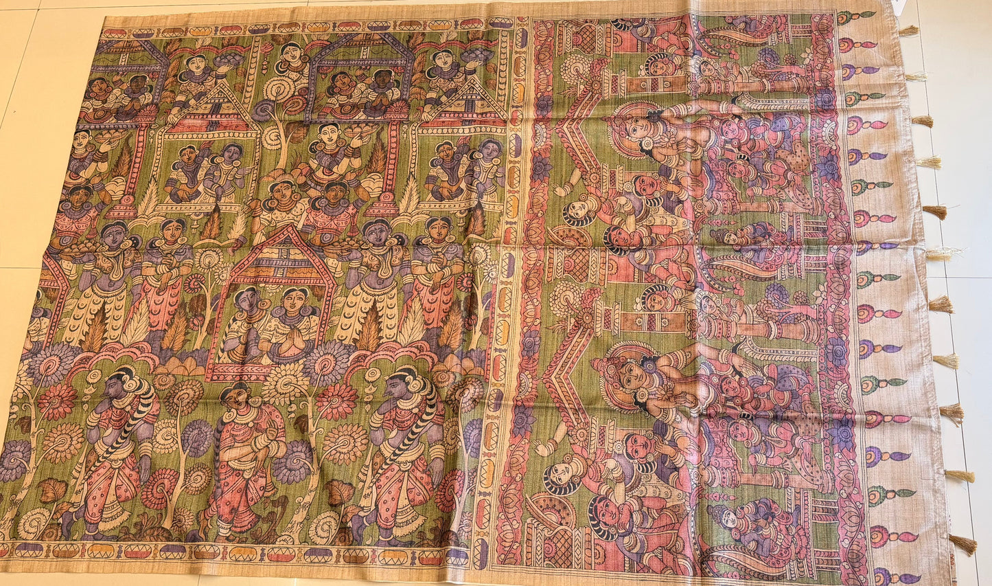 Archaic Elegance: Lilac and Olive Green Kalamkari Tussar Collection