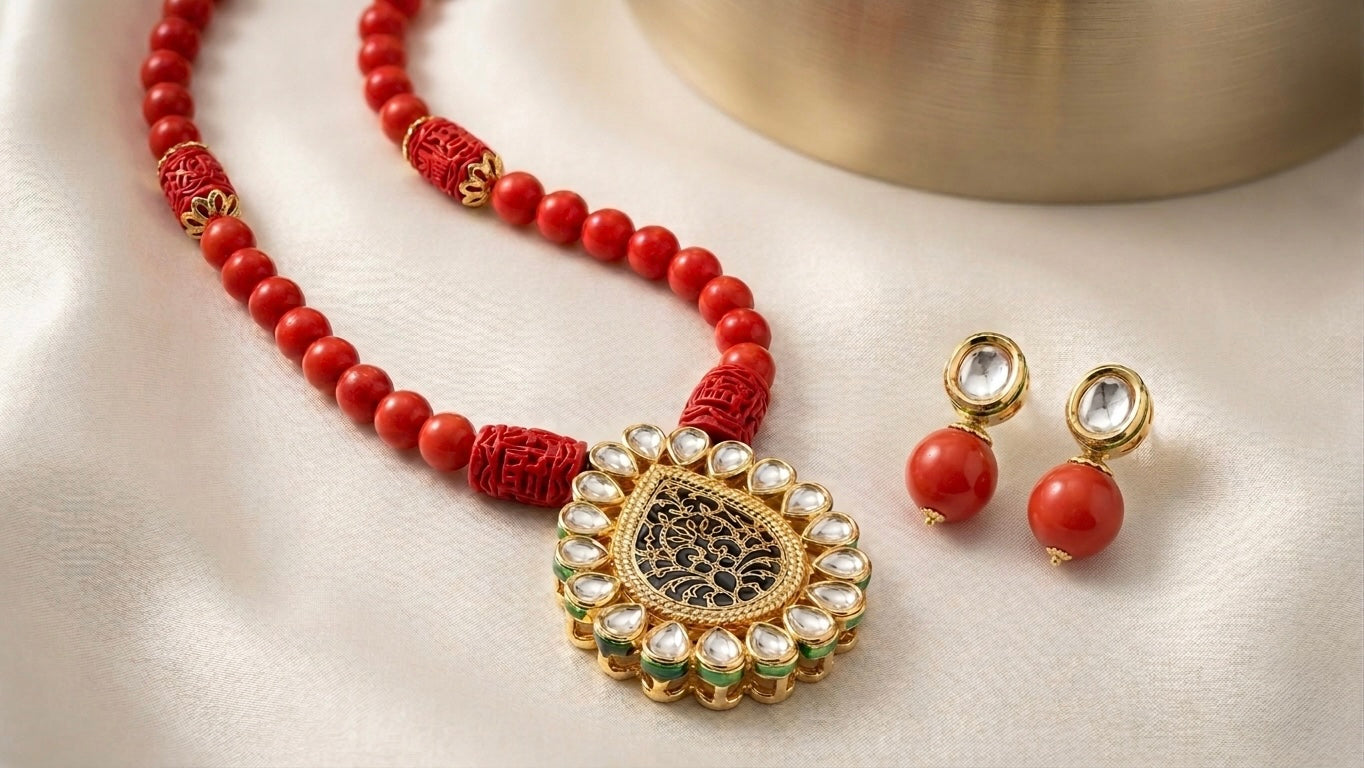 Regal Crimson: Handcrafted Tibetan Coral & Reversible Kundan Set