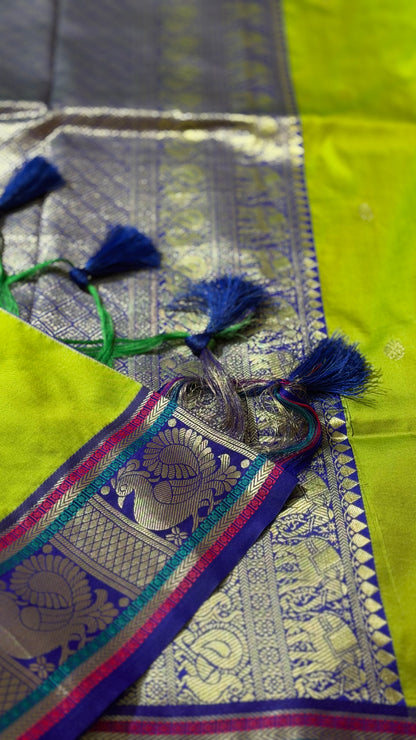 Lime Green Soft Silk Saree with Peacock Zari Pallu & Contrast Border | Hridha