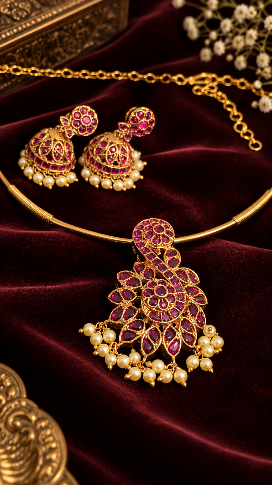 Contemporary Ruby Pink Stone Gold-Plated Pendant Necklace Set with Pearl Jhumkas