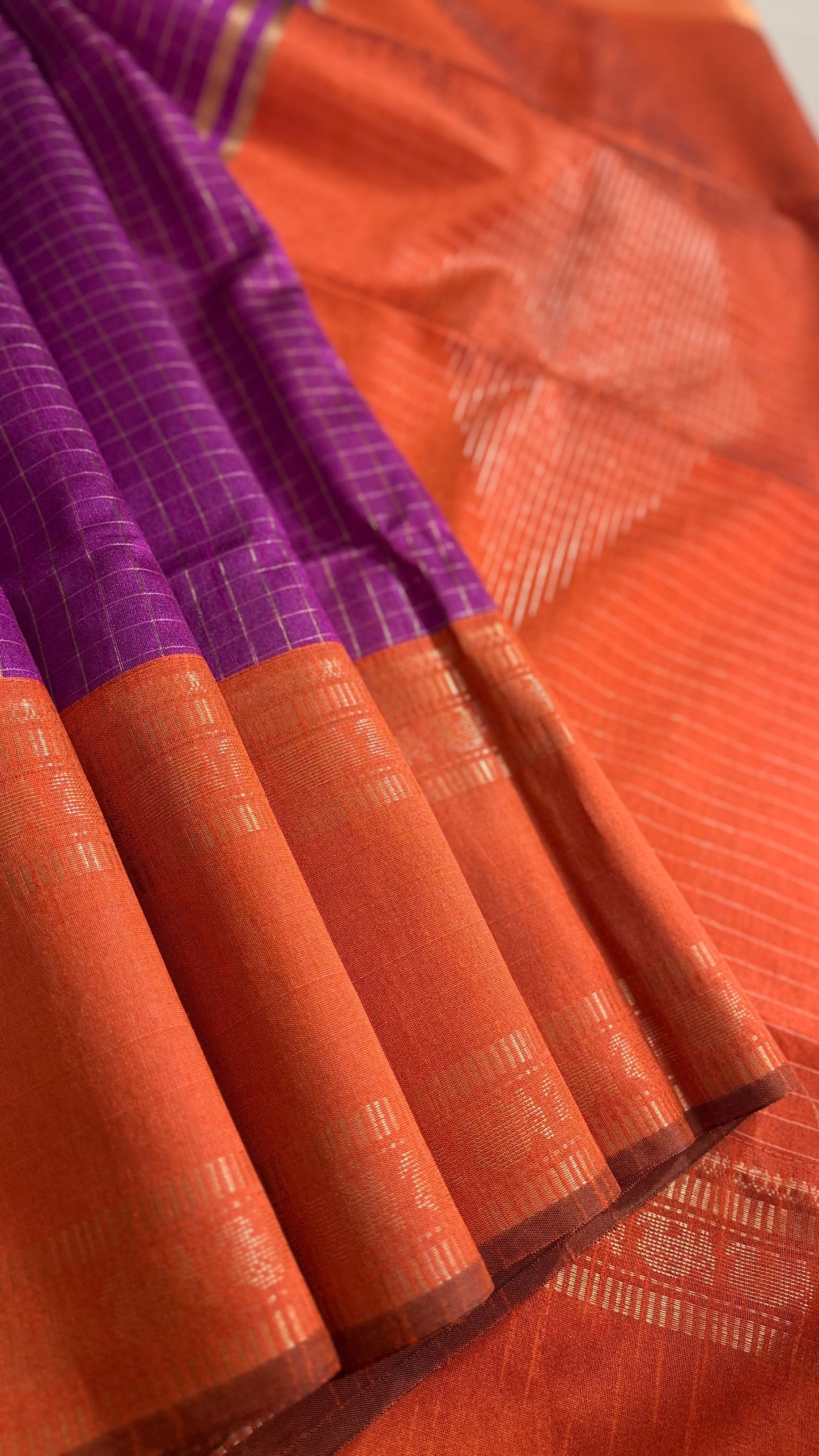 Royal Purple & Tangerine Checkered Tussar Silk Saree