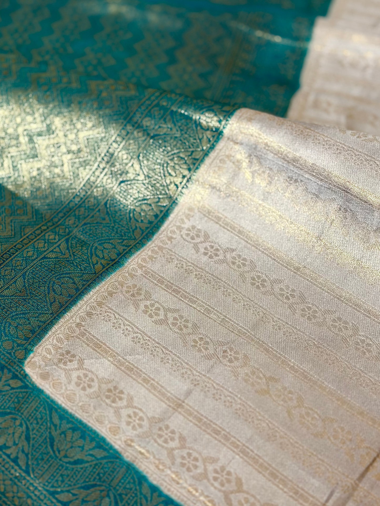 The Teal & Ash Grey Brocade Soft Silk Saree – Hridha