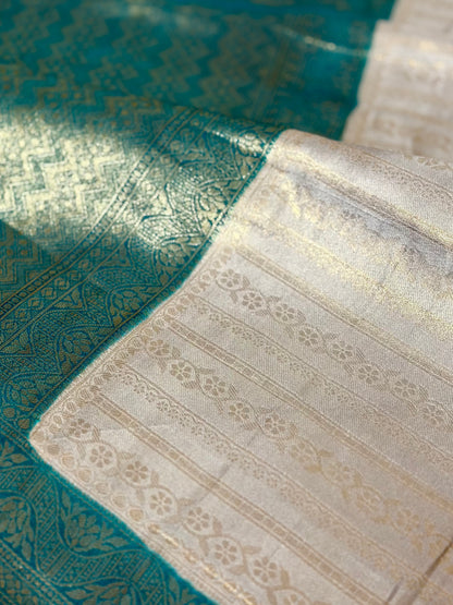 The Teal & Ash Grey Brocade Soft Silk Saree – Hridha