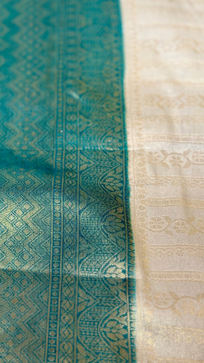 The Teal & Ash Grey Brocade Soft Silk Saree – Hridha