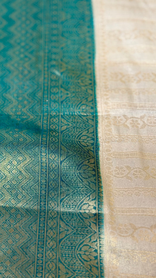 The Teal & Ash Grey Brocade Soft Silk Saree – Hridha