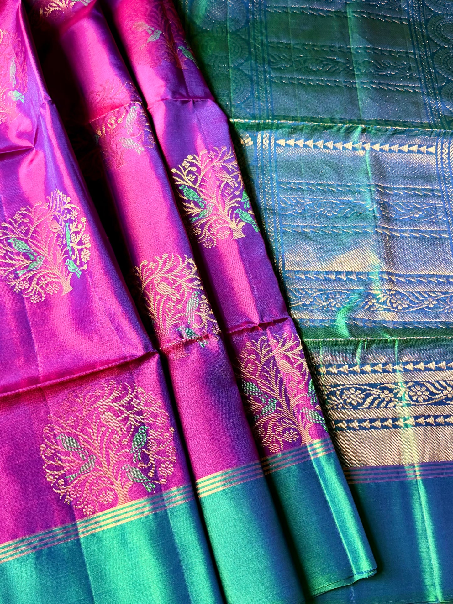 The Artisan’s Soul - The Parrot Grove Pure Silk Saree in Vibrant Magenta and Emerald