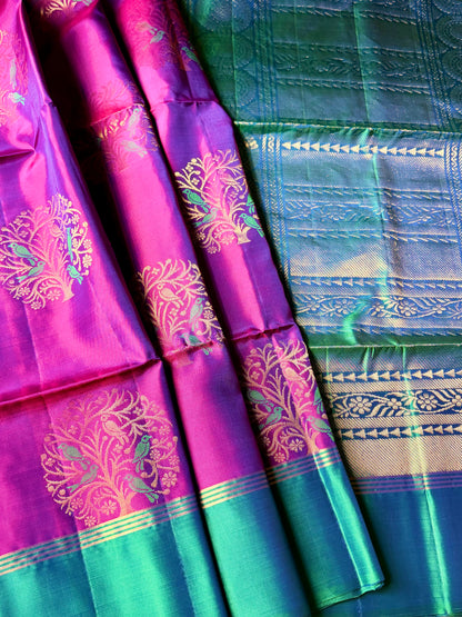 The Artisan’s Soul - The Parrot Grove Pure Silk Saree in Vibrant Magenta and Emerald