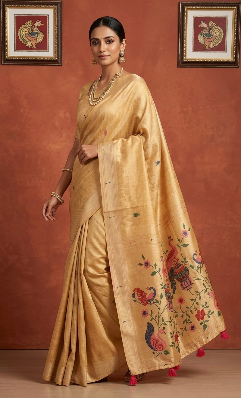 Swarna Muga: Weaved Muga Cotton Saree with Zari Tissue Pallu