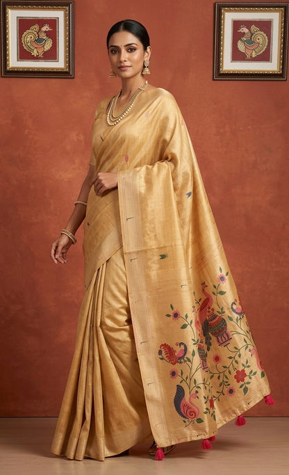 Swarna Muga: Weaved Muga Cotton Saree with Zari Tissue Pallu