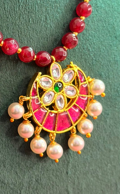 Ruby Bead & Polki Chandbali Pendant Necklace Set | Hridha