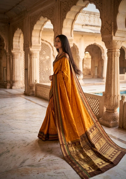 Amber Glow Handloom Soft Silk Saree with Rich Zari Pallu