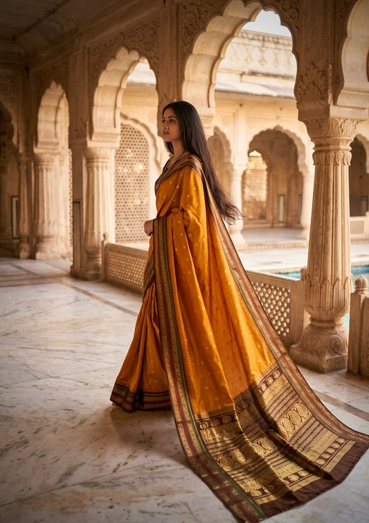 Amber Glow Handloom Soft Silk Saree with Rich Zari Pallu