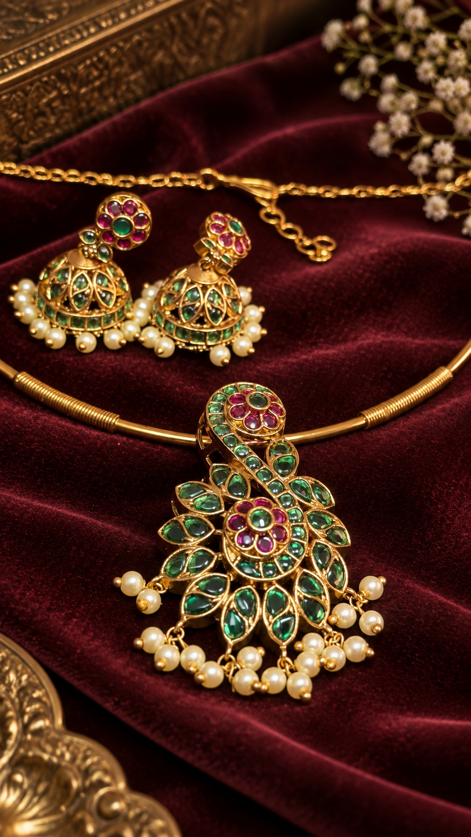 Contemporary Emerald Green & Ruby Gold-Plated Pendant Necklace Set with Jhumkas